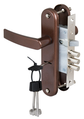 Замок Sam (Сам) врезной сувальдный с защёлкой в комплекте с ручкой ЗВ9-6/13 (медный антик), 3 кл. /77311/