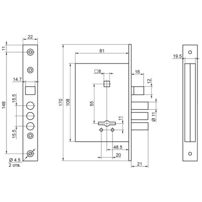 Замок Sam (Сам) врезной сувальдный с защёлкой в комплекте с ручкой ЗВ9-6/13 (медный антик), 3 кл. /77311/