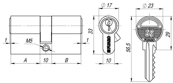 Цилиндровый Fuaro (Фуаро) механизм (100 ZA/80) 1000ZAKey80(35+10+35) CP хром 5Key