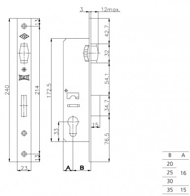 Корпус Kale kilit (Кале килит) узкопрофильного замка с роликовой защёлкой 155 (30 mm) w/b (никель)