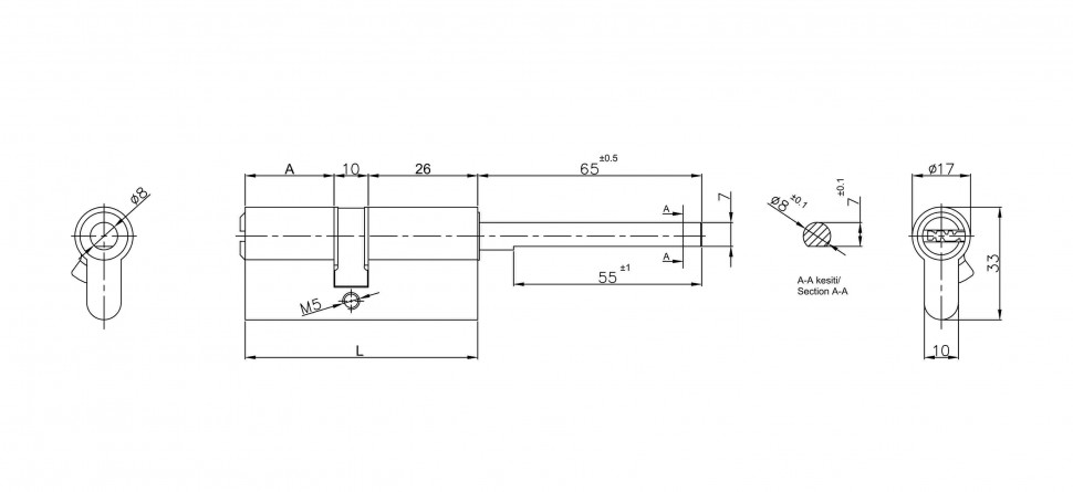 Цилиндровый механизм Kale kilit (Кале килит) под вертушку (дл.шток) 164 SX/86 (50+10+26) mm никель 5 кл.
