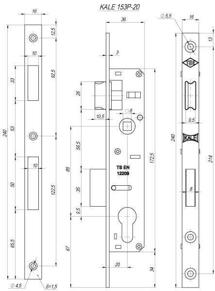 Корпус Kale kilit (Кале килит) узкопрофильного замка с защёлкой 153/P (20 mm) w/b (хром)