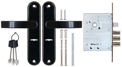 Замок Sam (Сам) врезной сувальдный с защёлкой в комплекте с ручкой ЗВ9-6/13 (черный глянец), 3 кл. /77305/