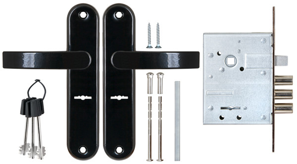 Замок Sam (Сам) врезной сувальдный с защёлкой в комплекте с ручкой ЗВ9-6/13 (черный глянец), 3 кл. /77305/