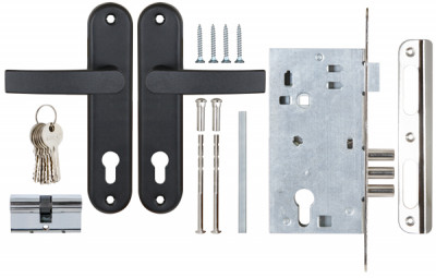 Замок Sam (Сам) врезной цилиндровый с защёлкой в комплекте с ручкой ЗВ4-3 (черный муар), 5 кл. /78401/