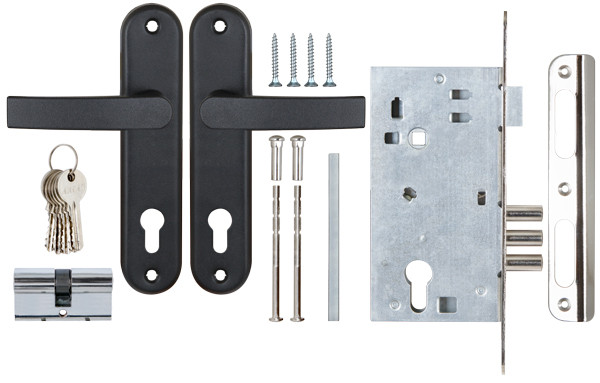 Замок Sam (Сам) врезной цилиндровый с защёлкой в комплекте с ручкой ЗВ4-3 (черный муар), 5 кл. /78401/