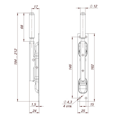 Задвижка Fuaro (Фуаро) торцевая RIGEL-set/160 D12x80mm (TDB set 160-24) в комплекте с ригелем