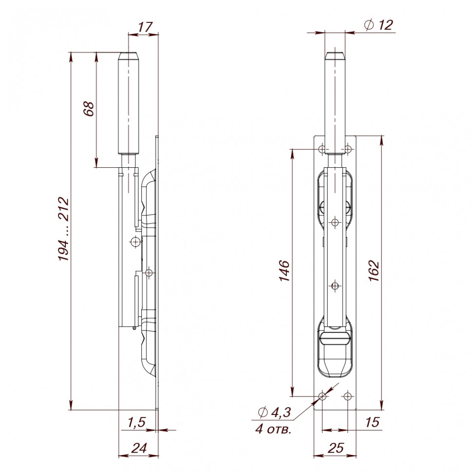 Задвижка Fuaro (Фуаро) торцевая RIGEL-set/160 D12x80mm (TDB set 160-24) в комплекте с ригелем