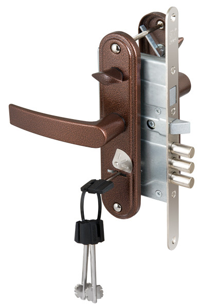 Замок Sam (Сам) врезной сувальдный с защёлкой в компл с ручкой ЗВ9-8.3/13(КЛП5-85)прав (медн ант), 3 кл/88010/