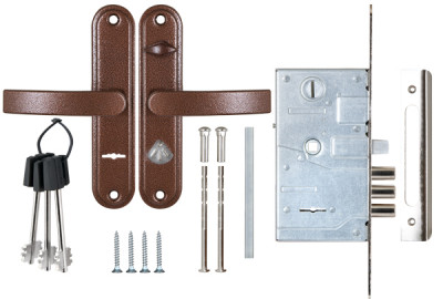 Замок Sam (Сам) врезной сувальдный с защёлкой в компл с ручкой ЗВ9-8.3/13(КЛП5-85)прав (медн ант), 3 кл/88010/