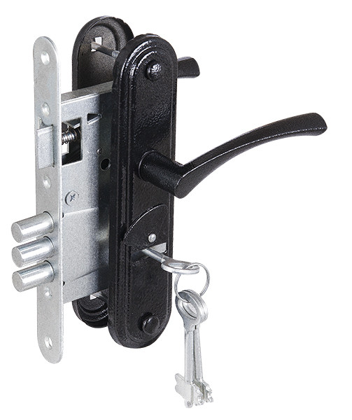 Замок Zenit (Зенит) врезной сувальдный с защёлкой в комплекте с ручкой ЗВ9-4-2 (черный), 3кл.