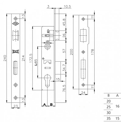 Корпус Kale kilit (Кале килит) узкопрофильного замка с защёлкой 153 (25 mm) w/b (никель)