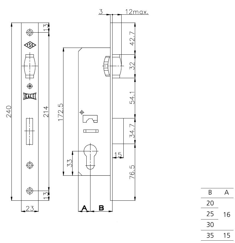 Корпус Kale kilit (Кале килит) узкопрофильного замка с роликовой защёлкой 155 (25 mm) w/b (никель)