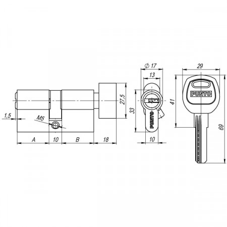 Цилиндровый Punto (Пунто) механизм (A202/120) A2002Knob120(65+10+45) с вертушкой SN никель